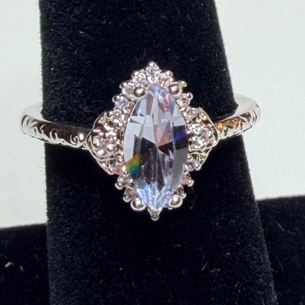 Fragrant Jewels Marquise Lavender Halo Ring Silver Tone Filigree Size 7
